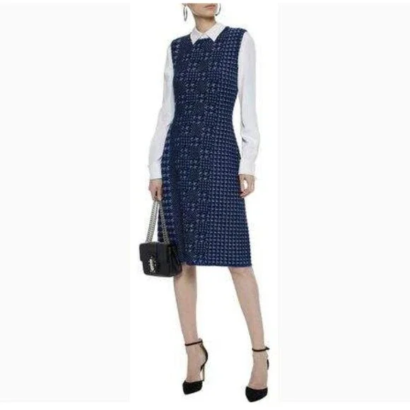 OSCAR DE LA RENTA Pixelated Houndstooth Sheath Dress Sz L BLUE